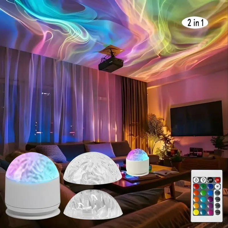 Dome Projector Night Light, 2-In-1 Home Accessory with Aurora & Water Ripple Lenses, 16-Color Rotating LED for Room Decor with Remote, Cool Stuff for Room, Remote Control, Cute Room Stuff