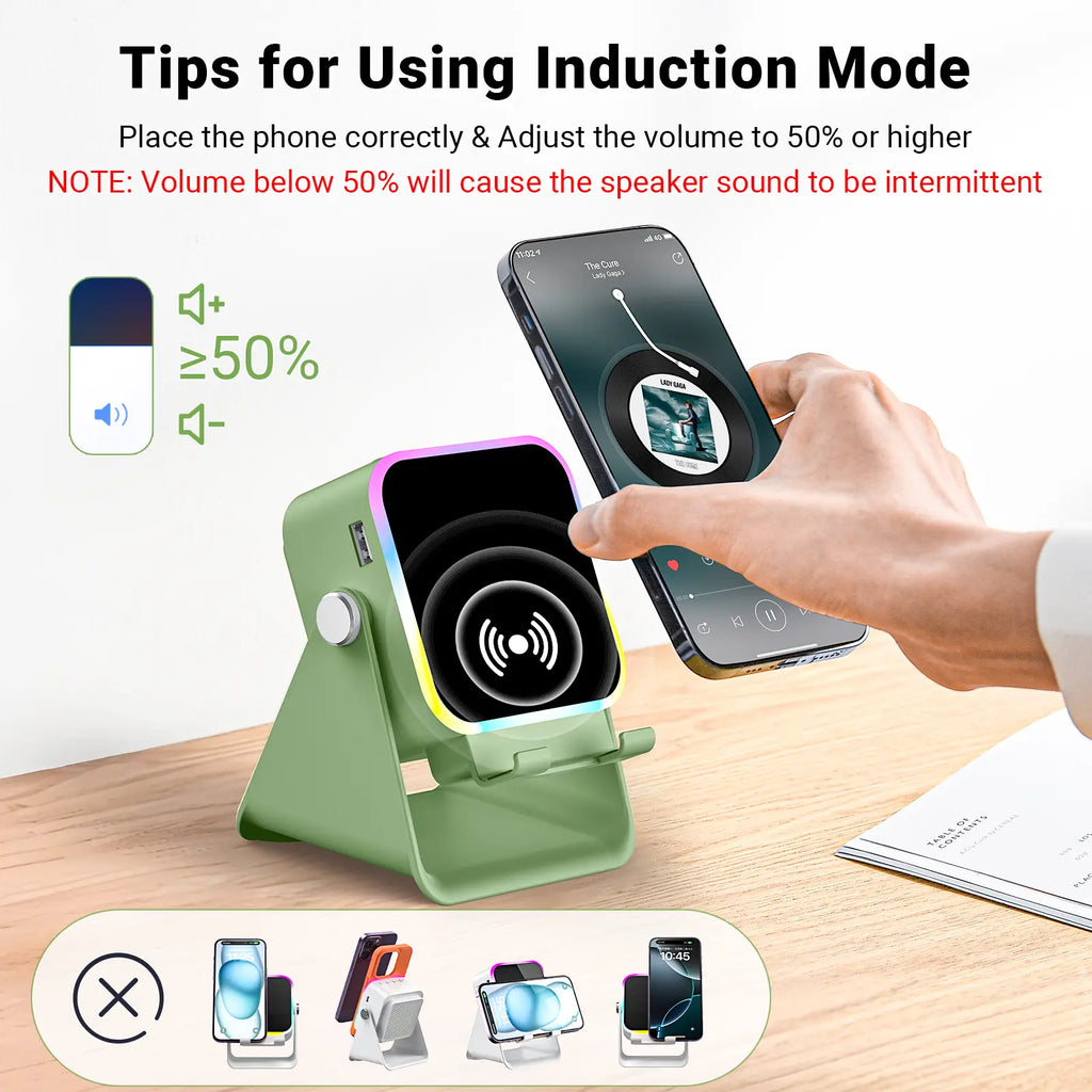 PUTARE Wireless Induction Audio Speaker Stand, 5In1 Cellphone Holder, 3500Mah Rechargeable Emergency Power Bank,360° Adjustable Mobile Tablet Stand with Colorful Ambient Light Gifts for Men Women Tiktokshopsummersale Tiktokshopbacktoschool