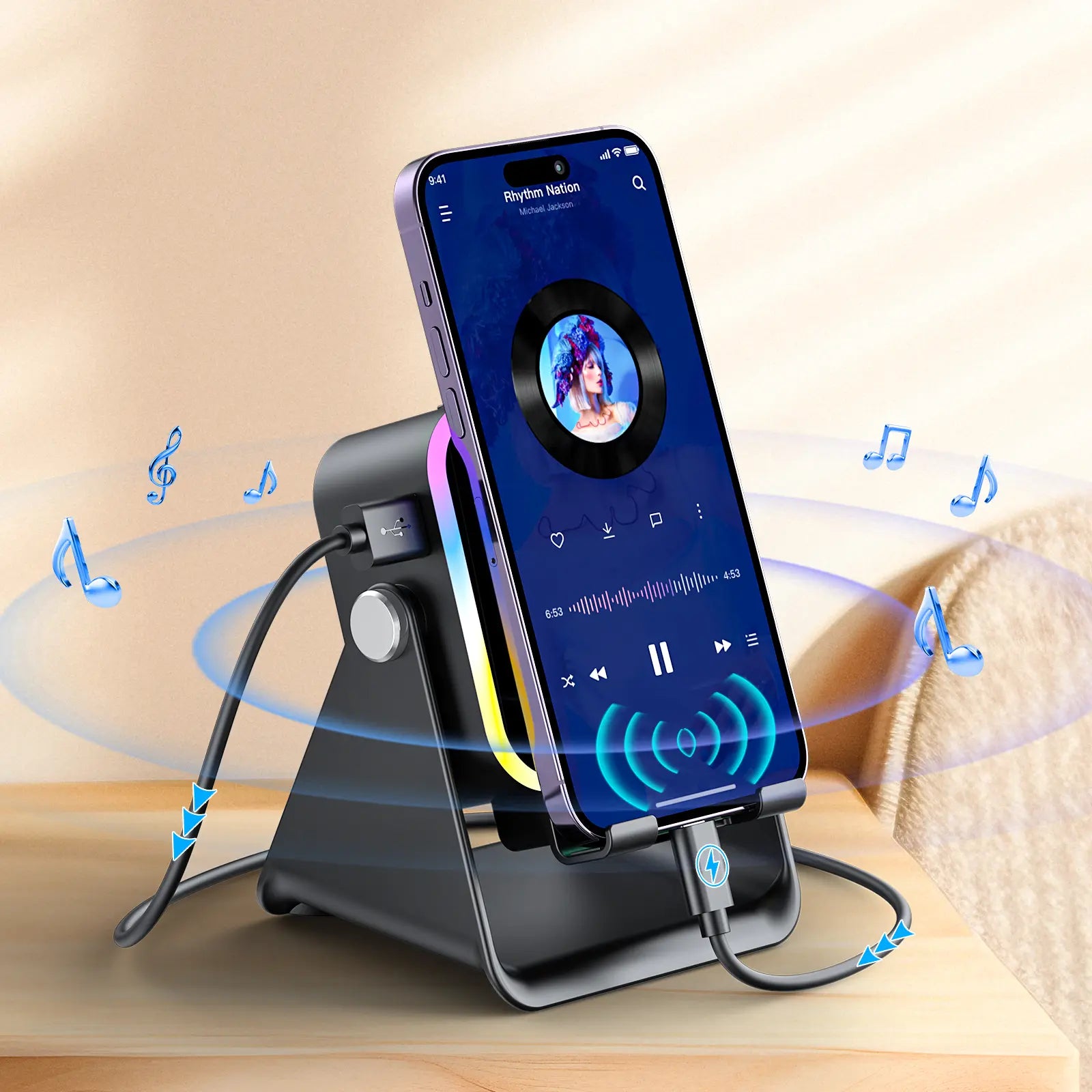 PUTARE Wireless Induction Audio Speaker Stand, 5In1 Cellphone Holder, 3500Mah Rechargeable Emergency Power Bank,360° Adjustable Mobile Tablet Stand with Colorful Ambient Light Gifts for Men Women Tiktokshopsummersale Tiktokshopbacktoschool