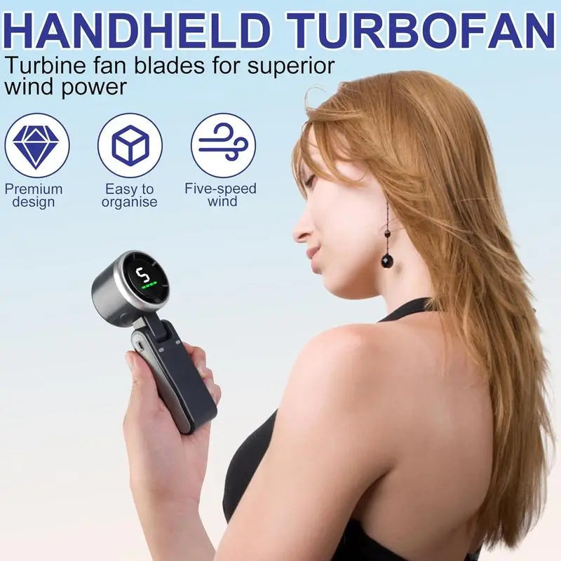 Stay Cool Anywhere: 5-Speed Portable Handheld Turbo Fan with 4000mAh Battery for Up to 10 Hours of Refreshing Air - Perfect for Outdoor Adventures and Travel!