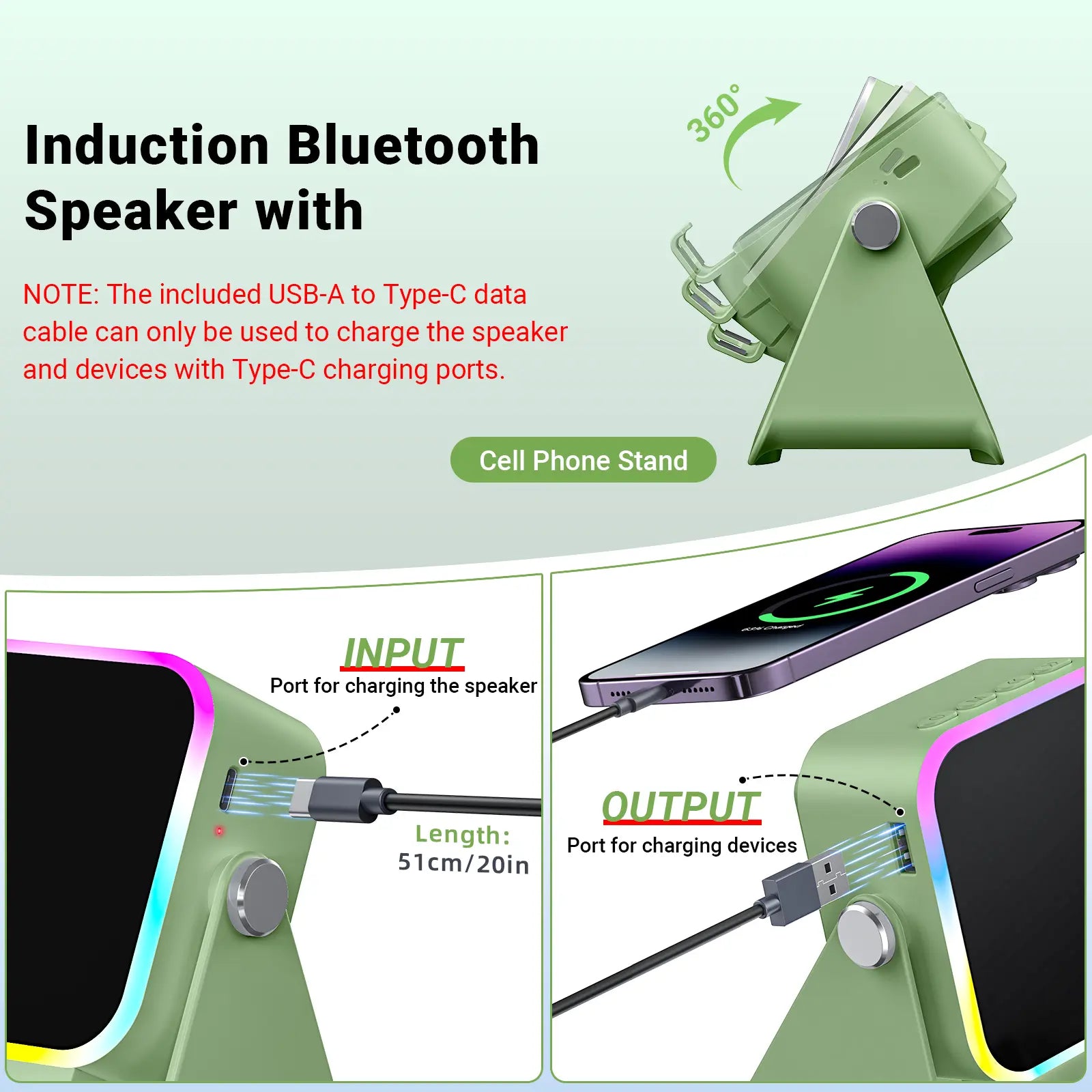 PUTARE Wireless Induction Audio Speaker Stand, 5In1 Cellphone Holder, 3500Mah Rechargeable Emergency Power Bank,360° Adjustable Mobile Tablet Stand with Colorful Ambient Light Gifts for Men Women Tiktokshopsummersale Tiktokshopbacktoschool
