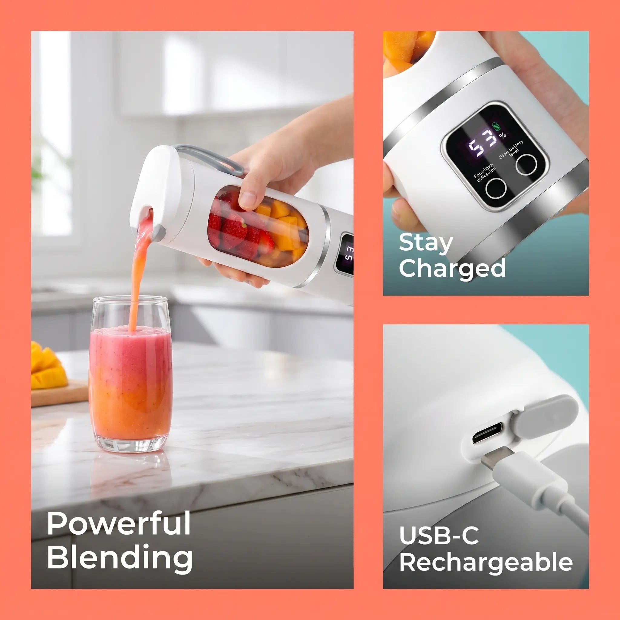 Unleash Your Blending Potential with the Portable 15.22 Oz USB Rechargeable Blender - Perfect for Smoothies & Juices, Featuring LED Display & Durable Design!